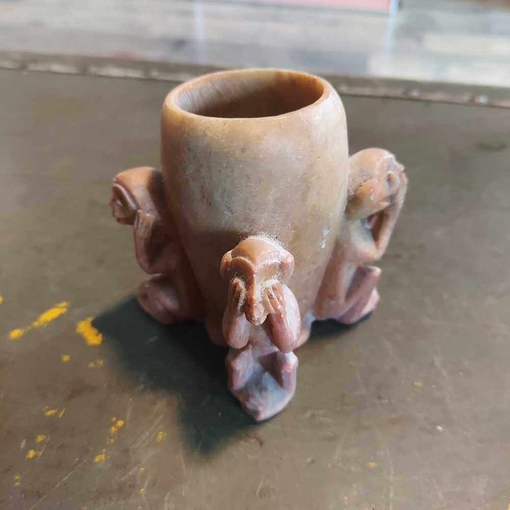 Vintage Hand Carved Soapstone Three Wise Monkeys Toothpick Holder Vessel 3x3in